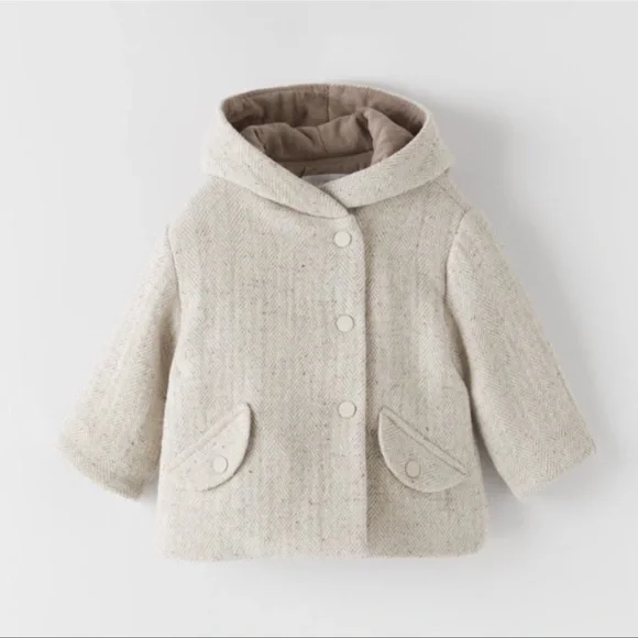 Zara Baby Herringbone Pompom Coat 3-4y NWT